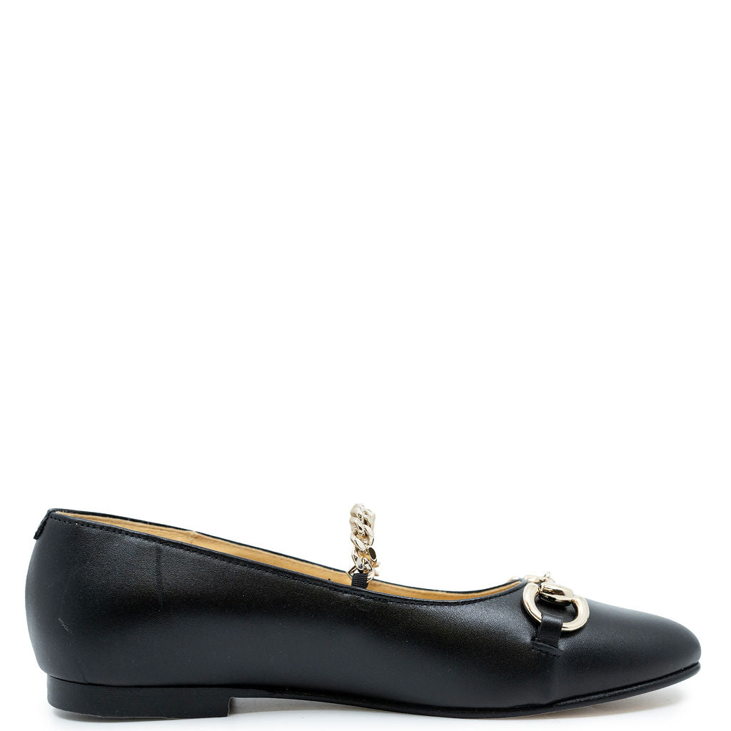 Spain+Co Black Leather Chain Strap Flat-Tassel Children Shoes