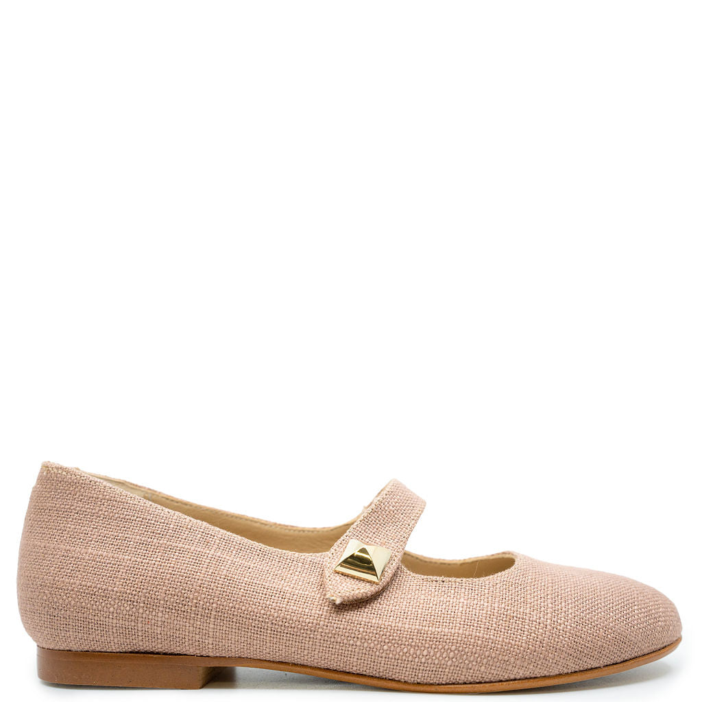Blublonc Pink Linen Stud Mary Jane-Tassel Children Shoes