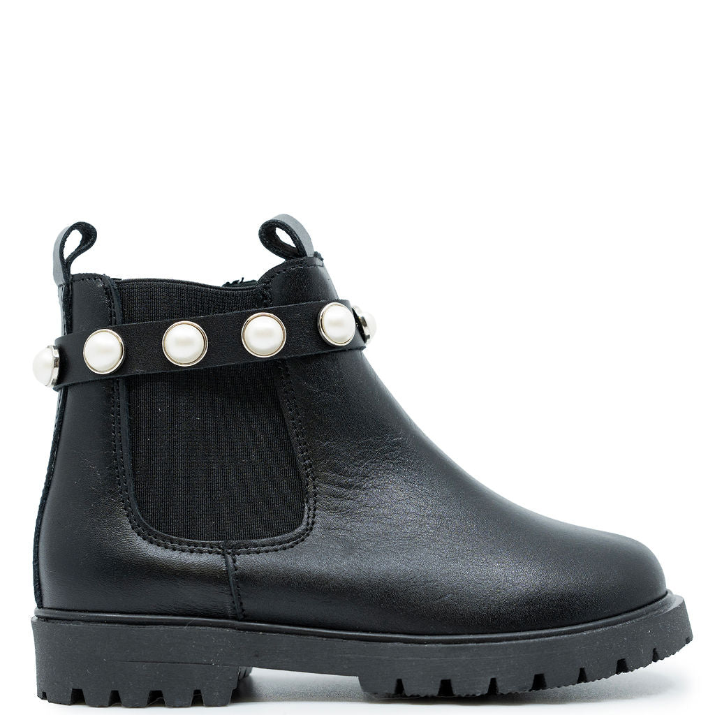 Spain+Co Black Leather Pearl Chunky Boot-Tassel Children Shoes