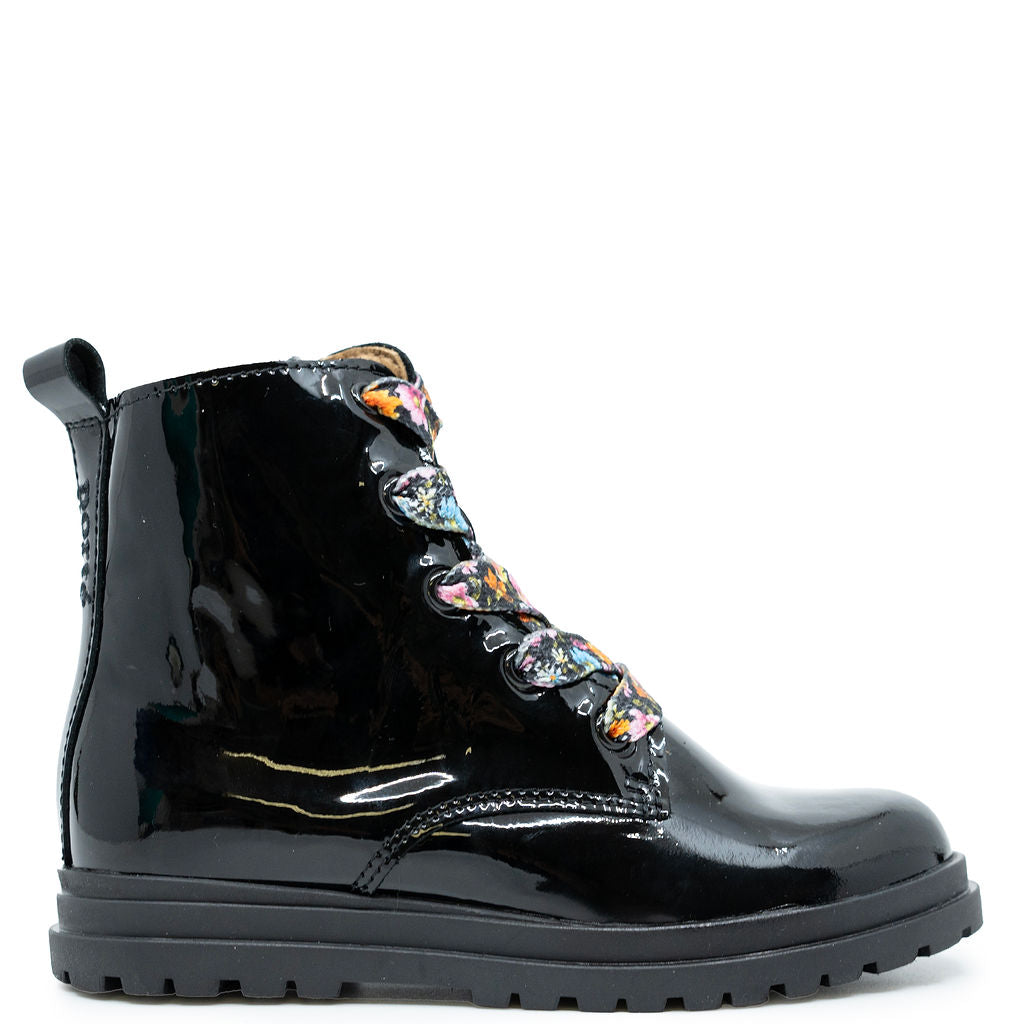 Porte Black Patent Floral Lace Boot-Tassel Children Shoes