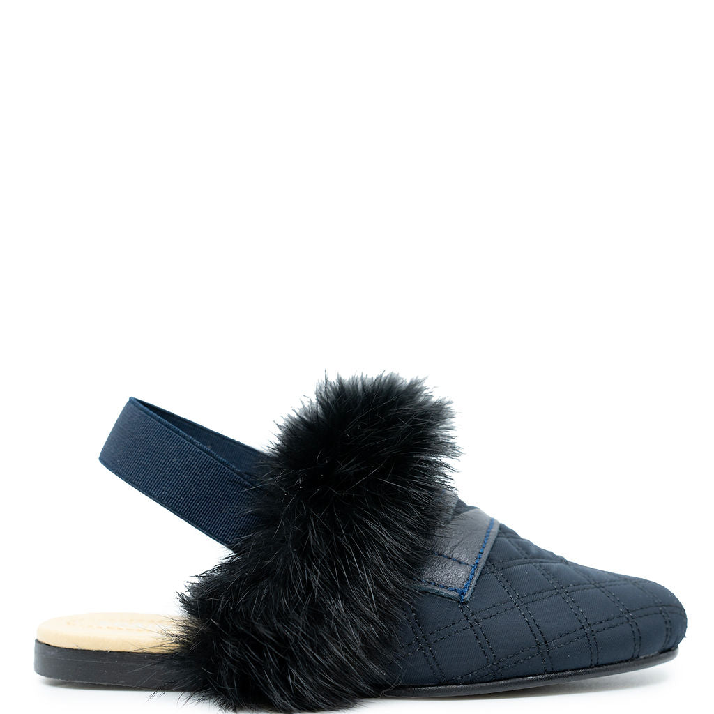 Spain+Co Navy Quilted Fur Slingback-Tassel Children Shoes