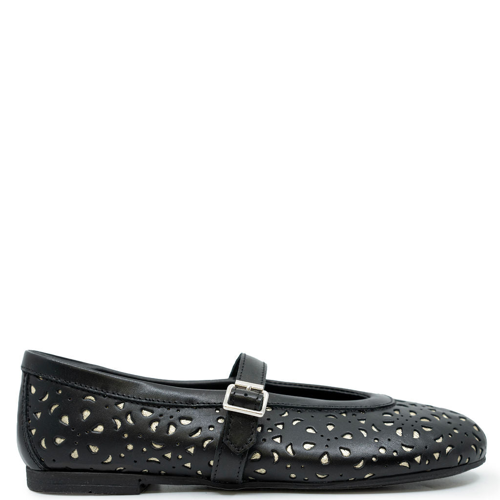 Rondinella Black Laser Cut Strap Flat-Tassel Children Shoes