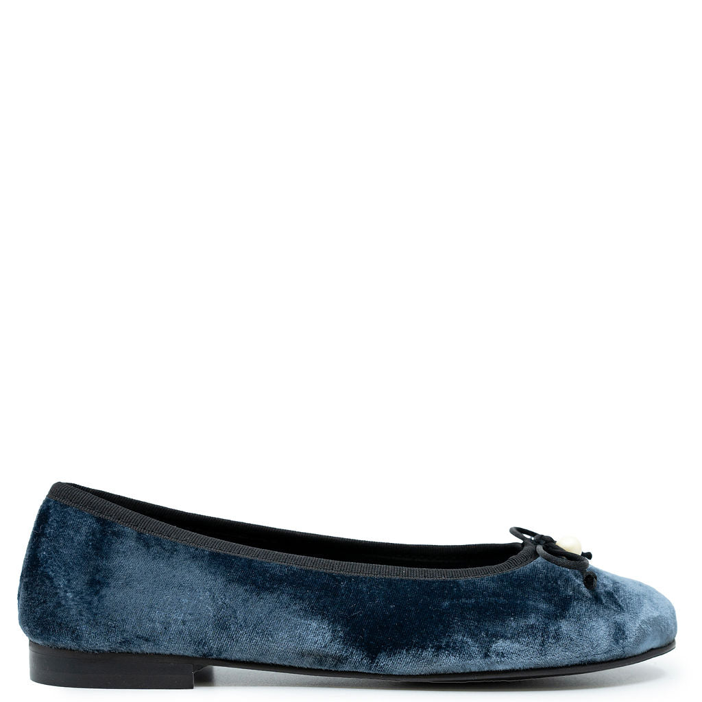 Blublonc Indigo Velvet Pearl Ballet Flat-Tassel Children Shoes