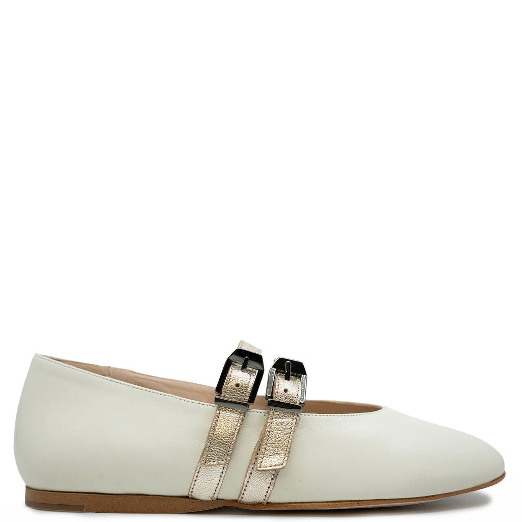 Blublonc Ivory Champagne Double Strap Mary Jane-Tassel Children Shoes