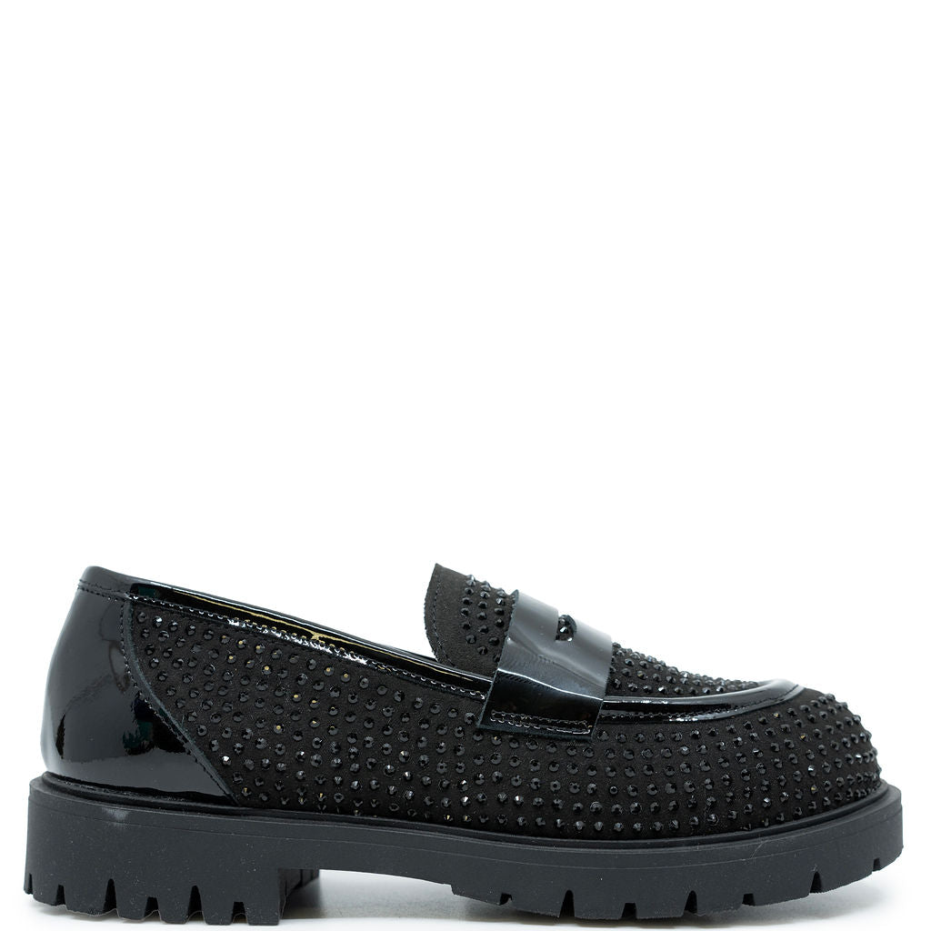 Papanatas Black Rhinestone Studded Chunky Loafer-Tassel Children Shoes