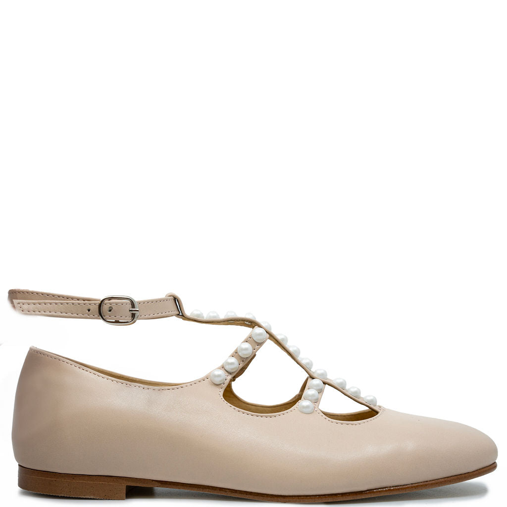 Spain+Co Nude Pearl T Strap Mary Jane-Tassel Children Shoes