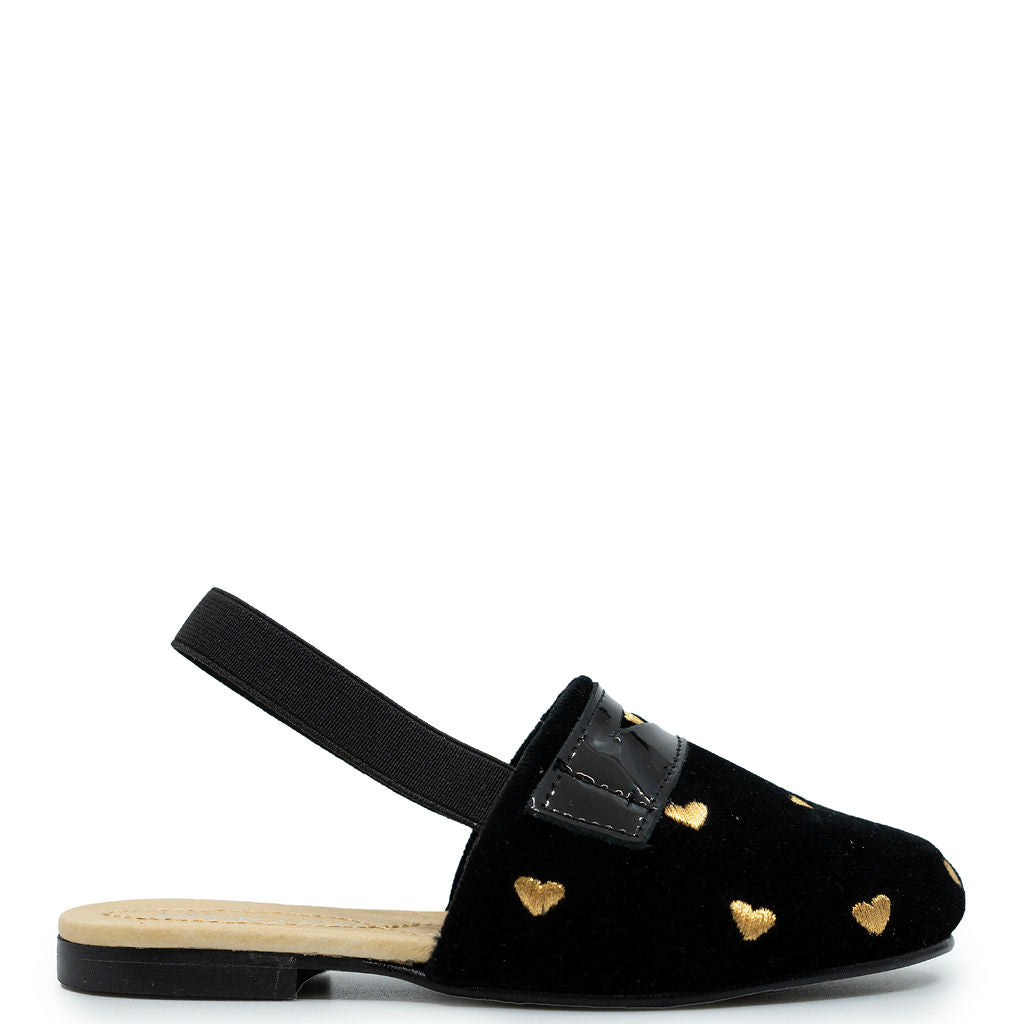 Spain+Co Black Velvet Heart Slingback-Tassel Children Shoes