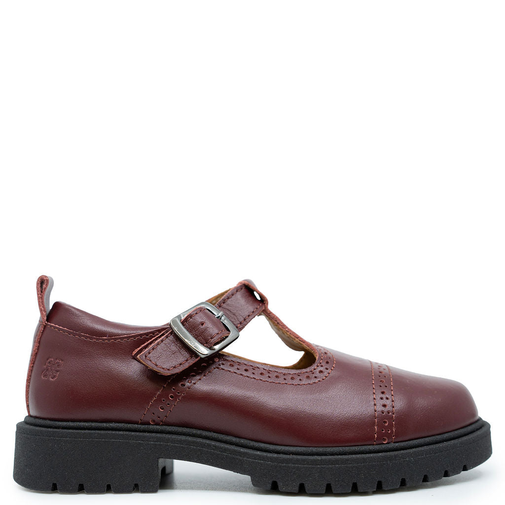 Porte Burgundy Chunky T Strap Shoe-Tassel Children Shoes