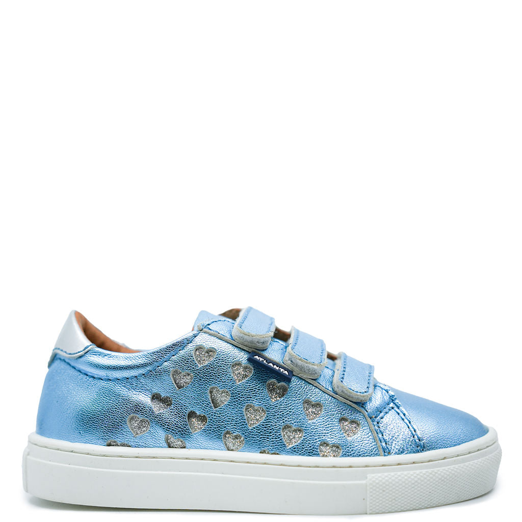 Atlanta Mocassin Blue Metallic Heart Velcro Sneaker-Tassel Children Shoes