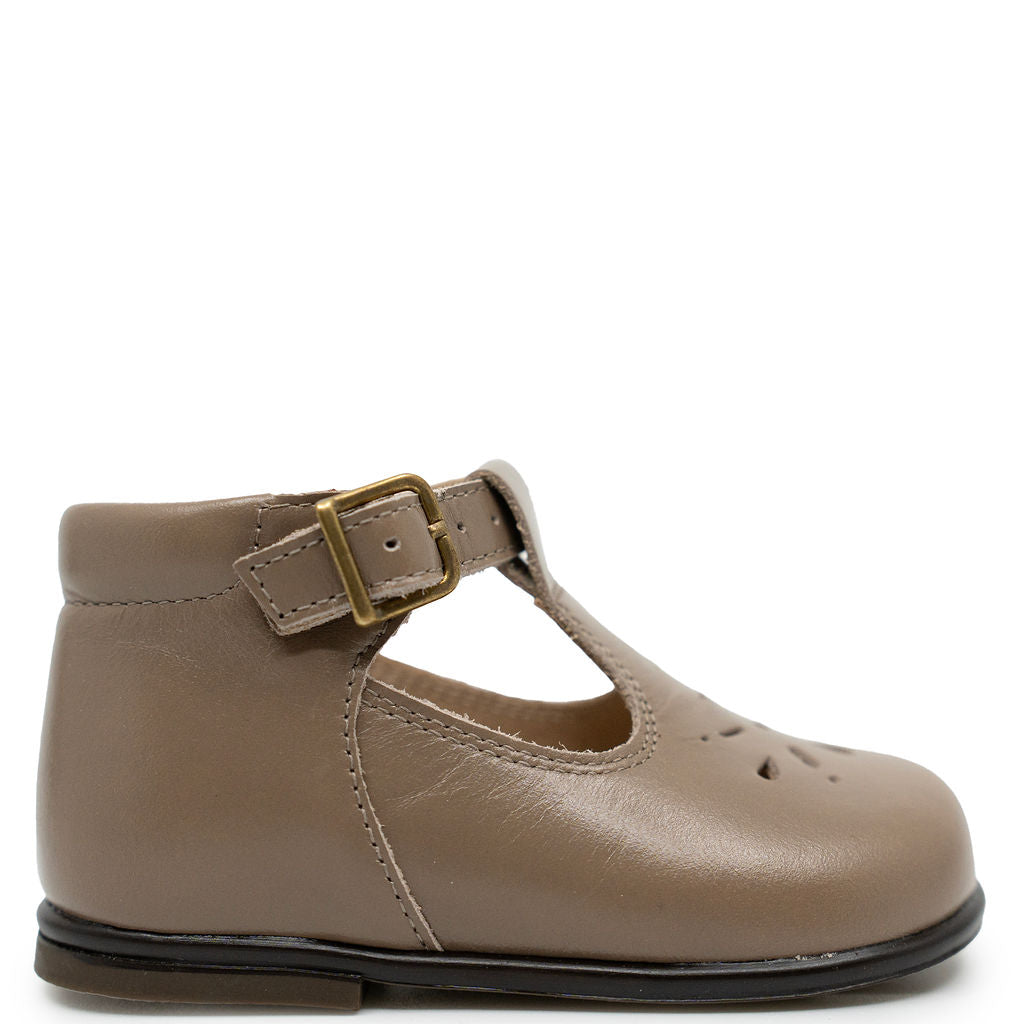 Beberlis Taupe Brown Perf Baby T Strap-Tassel Children Shoes