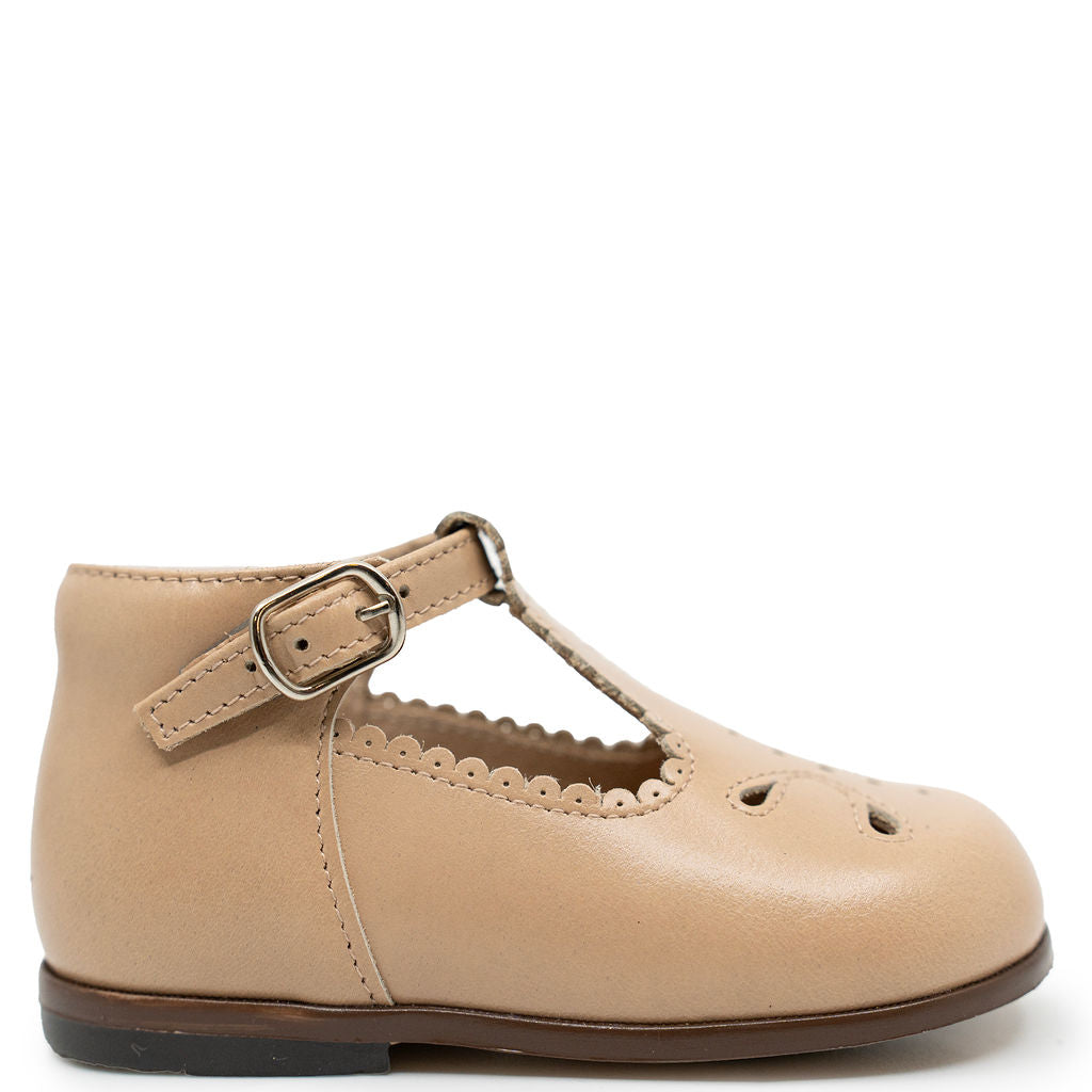Beberlis Light Taupe Scalloped Perf Baby T Strap-Tassel Children Shoes