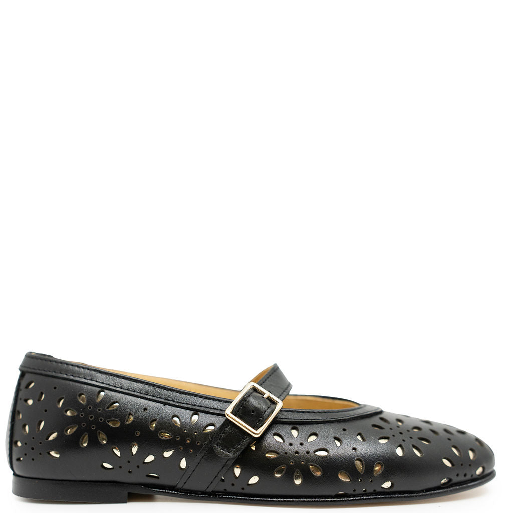 Spain+Co Black and Gold Lasercut Mary Jane-Tassel Children Shoes