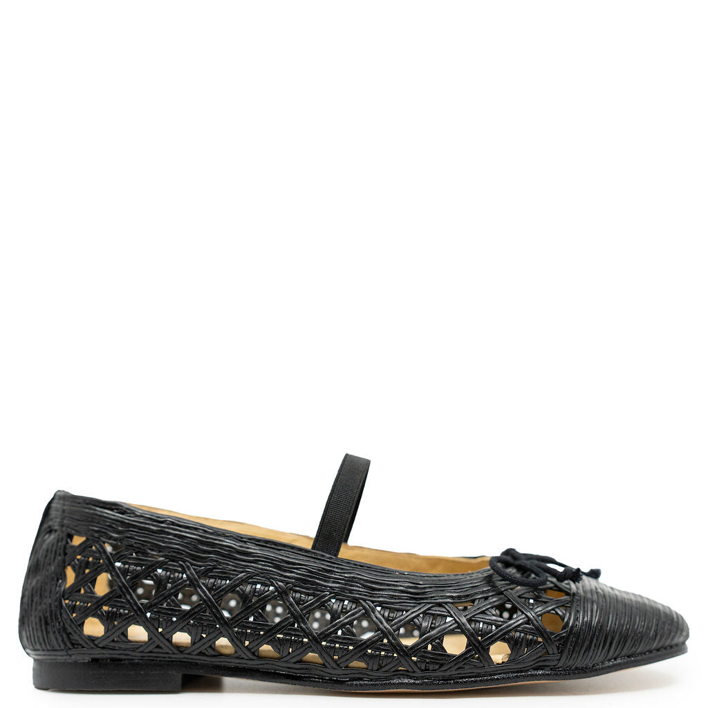 Spain+Co Black Leather Weave Bow Ballet Flat-Tassel Children Shoes