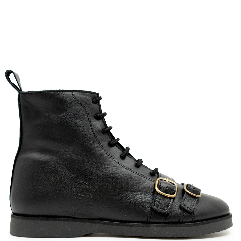 Spain+Co Black Leather Buckle Boot-Tassel Children Shoes