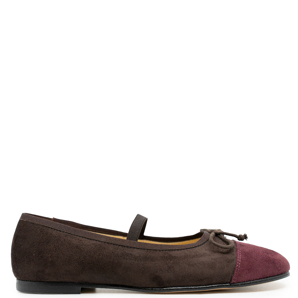 Spain+Co Brown and Burgundy Suede Elastic Bow Flat-Tassel Children Shoes