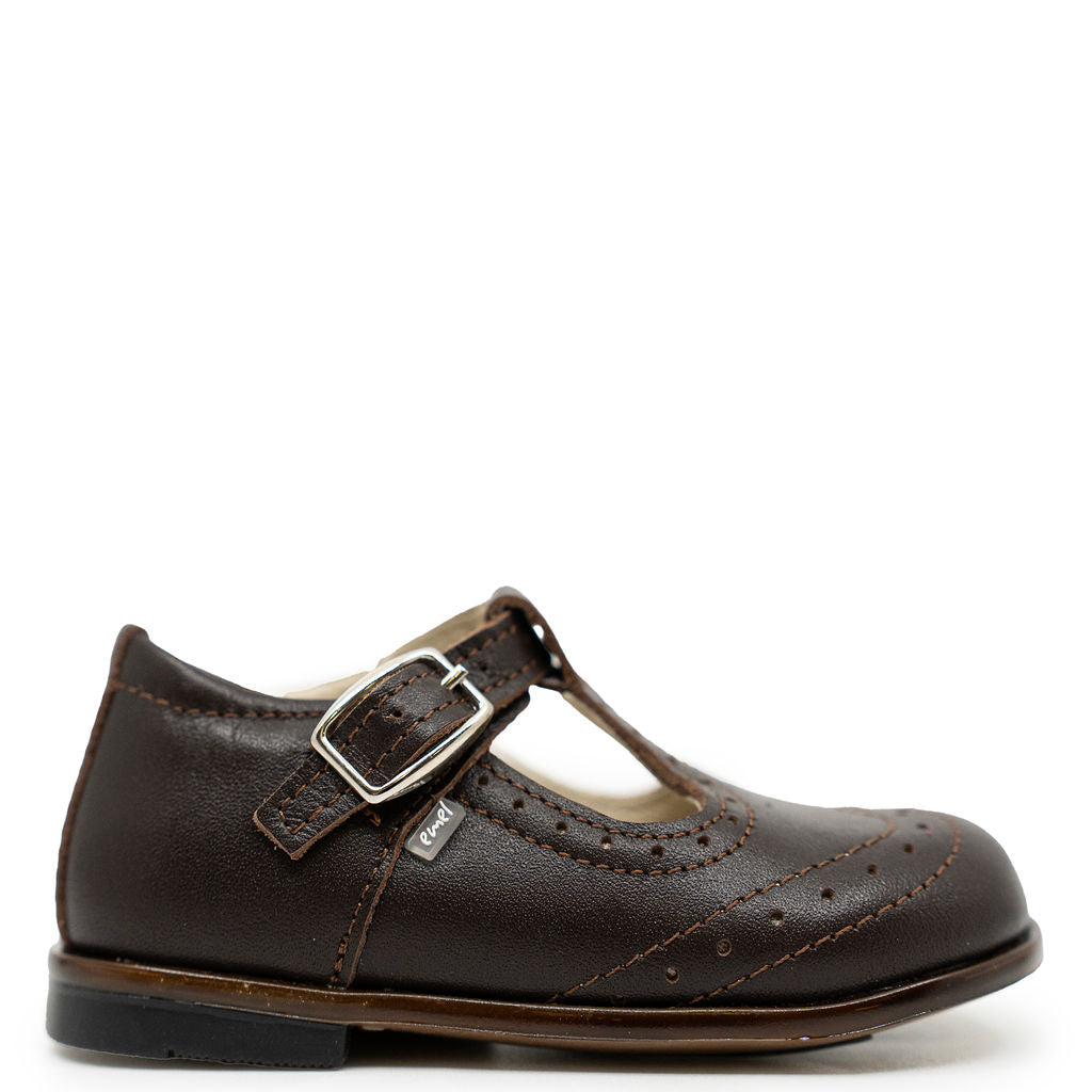 Emel Dark Brown Wingtip T Strap Baby Shoe-Tassel Children Shoes
