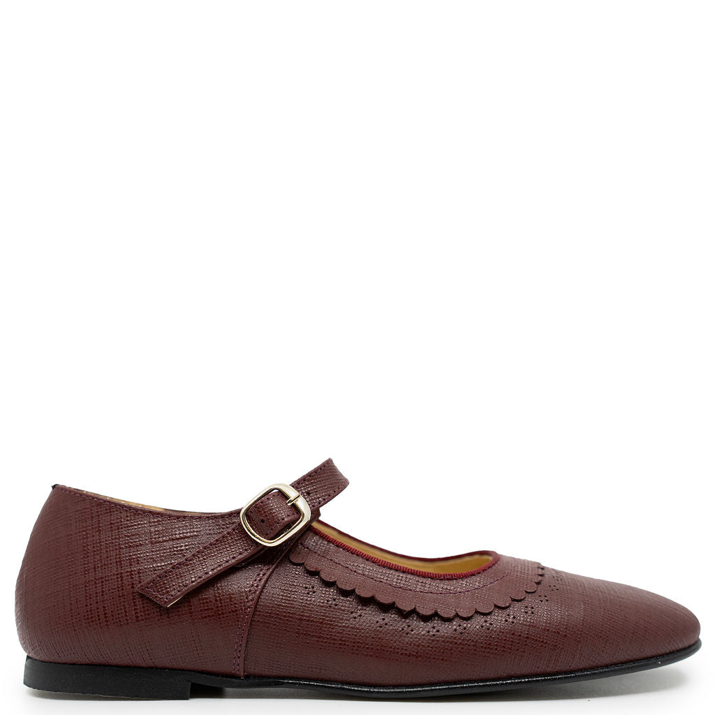 Spain+Co Wine Textured Scalloped Mary Jane-Tassel Children Shoes