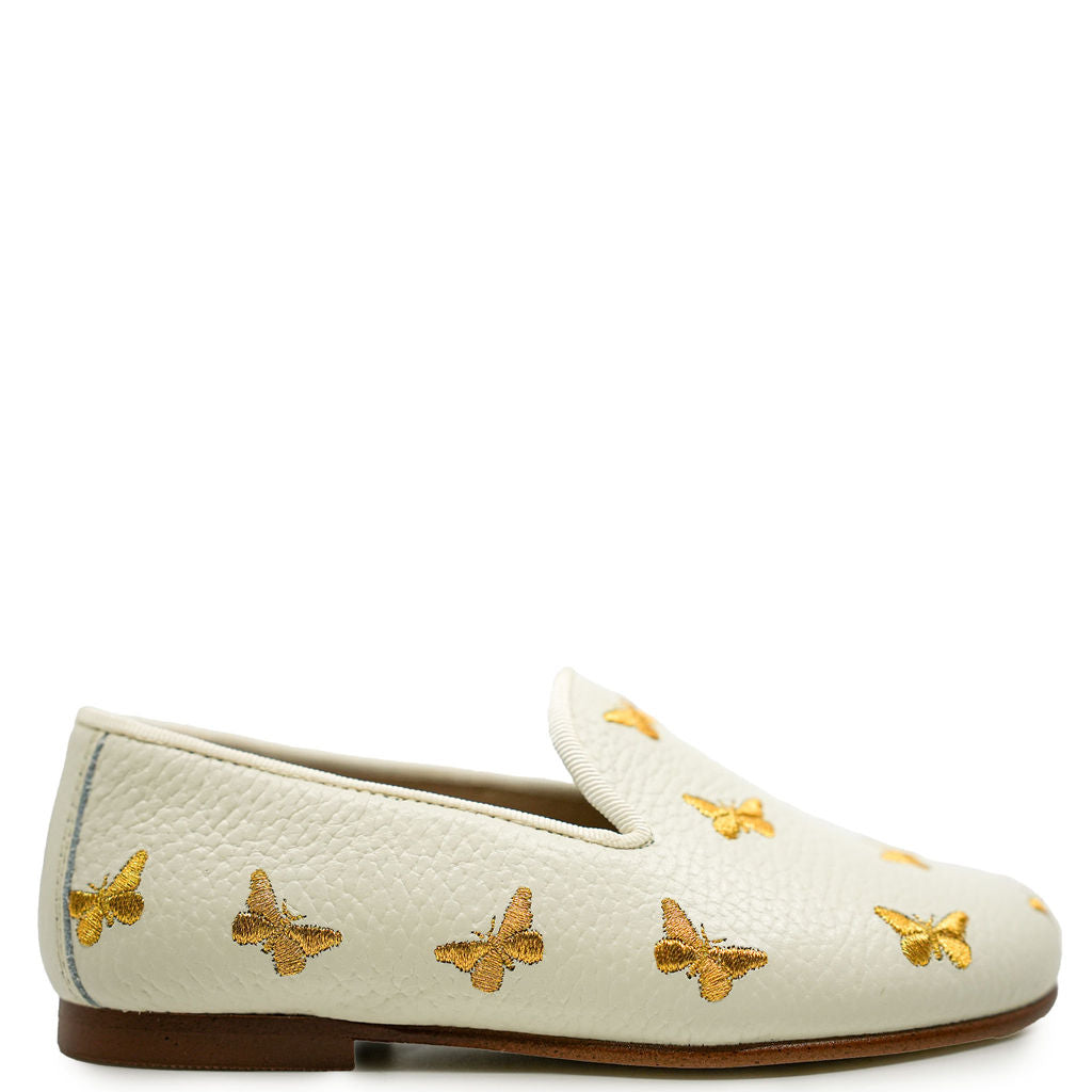 Spain+Co Cream and Gold Butterfly Smoking Loafer-Tassel Children Shoes