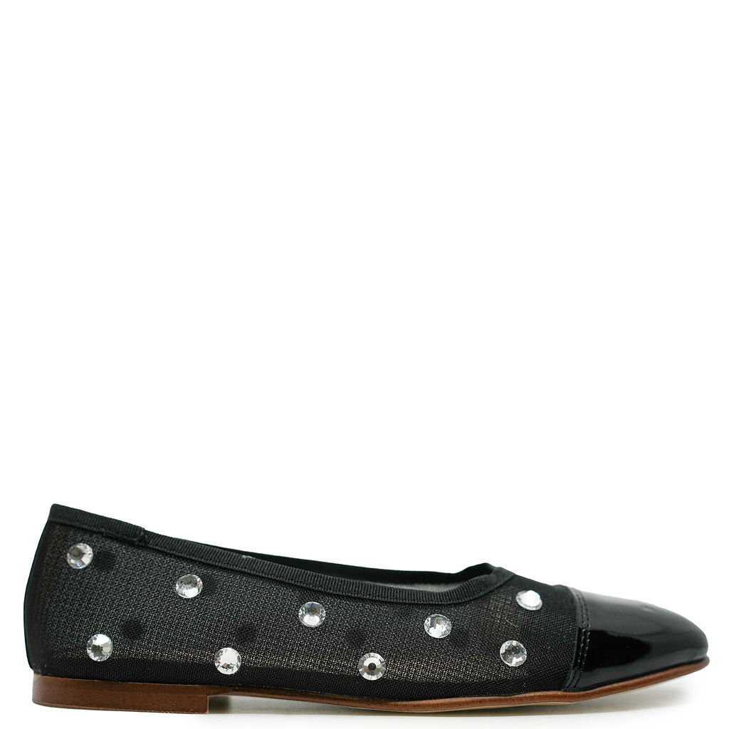 Spain+Co Black Mesh Embellished Flat-Tassel Children Shoes