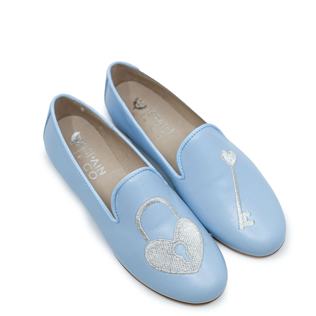 Spain+Co Sky Blue Lock and Key Smoking Loafer-Tassel Children Shoes