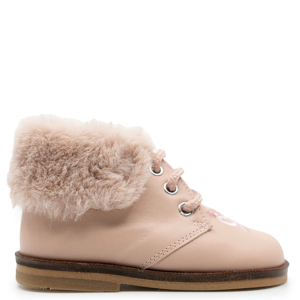 Andanines Soft Pink Embroidered Fur Baby Bootie-Tassel Children Shoes