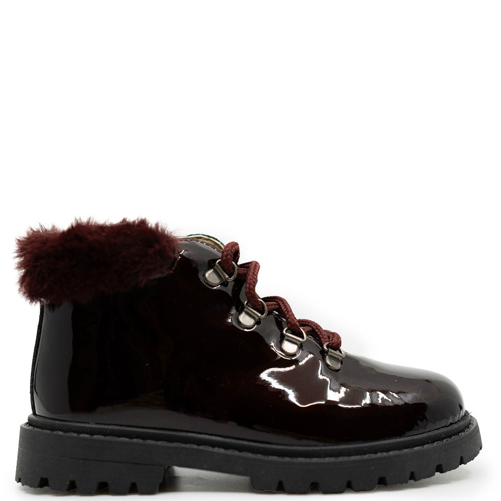 Andanines Burgundy Patent Fur Collar Boot-Tassel Children Shoes
