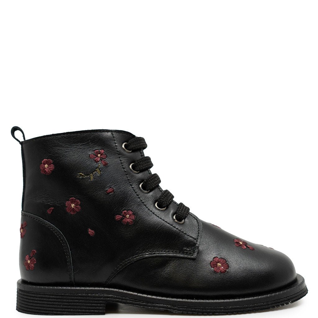 Andanines Black Flower Embroidered Boot-Tassel Children Shoes