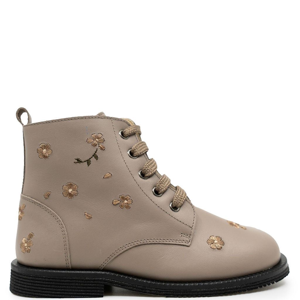 Andanines Taupe Flower Embroidered Boot-Tassel Children Shoes