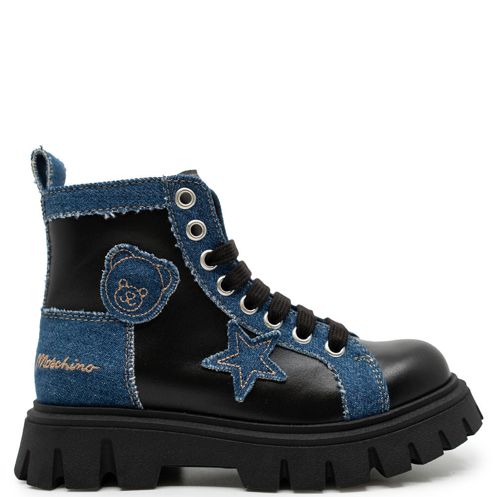 Moschino Black and Denim Patch `Boot-Tassel Children Shoes