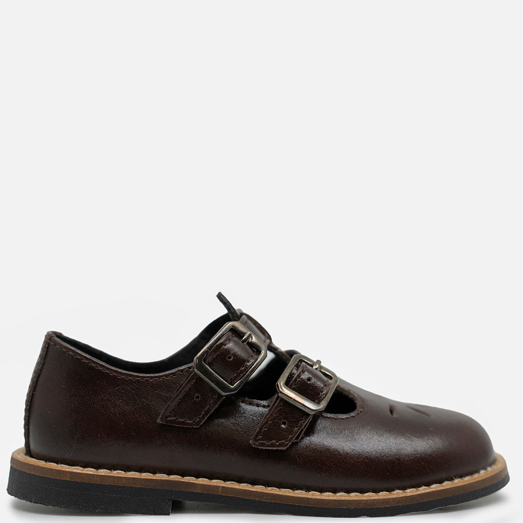 Blublonc Dark Brown Double T Strap Loafer-Tassel Children Shoes