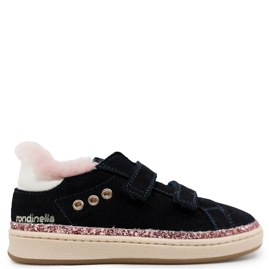 Rondinella Navy and Pink Fur Velcro Sneaker-Tassel Children Shoes