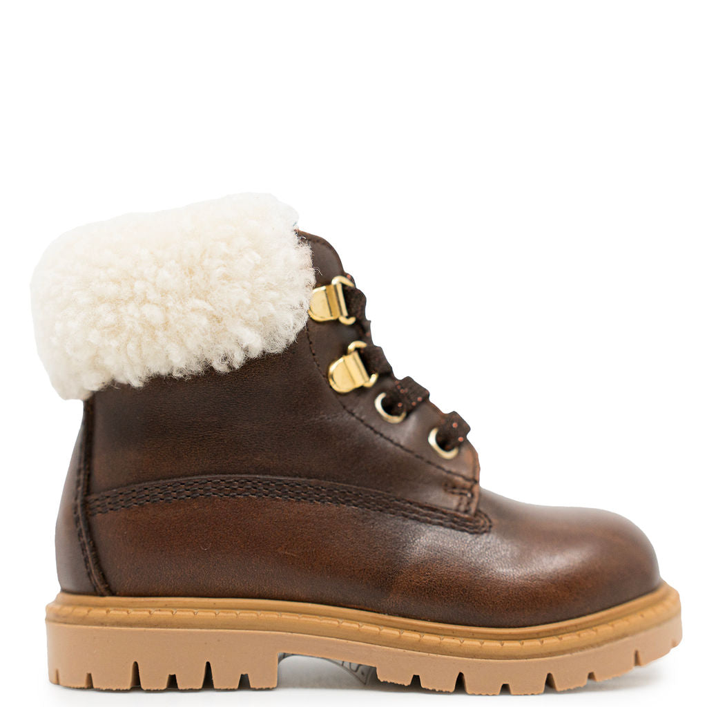 Rondinella Chocolate Leather Fur Trim Baby Bootie-Tassel Children Shoes