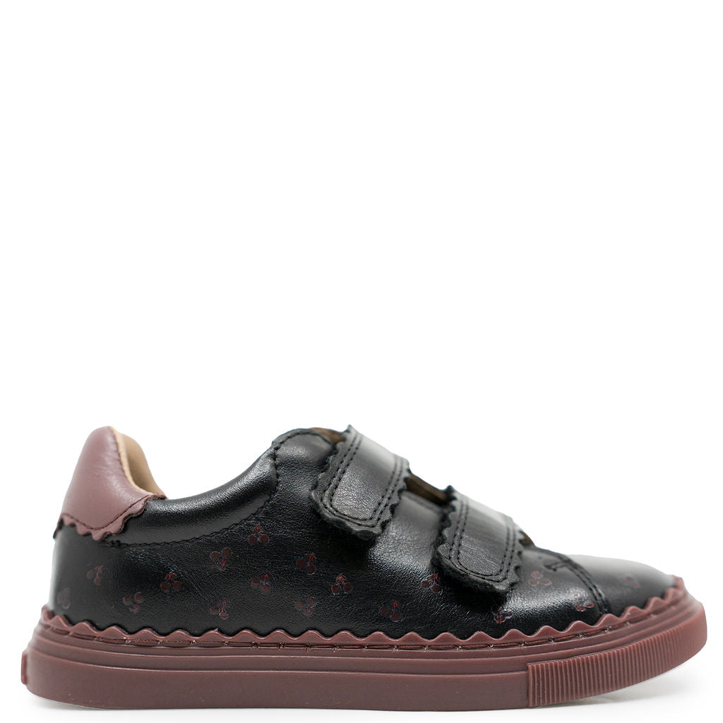 Porte Black and Burgundy Cherry Scalloped Velcro Sneaker-Tassel Children Shoes