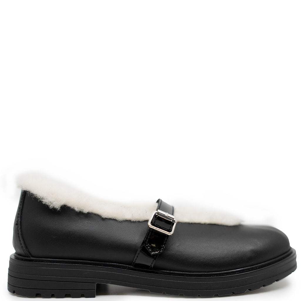 Rondinella Black Fur Trim Mary Jane-Tassel Children Shoes