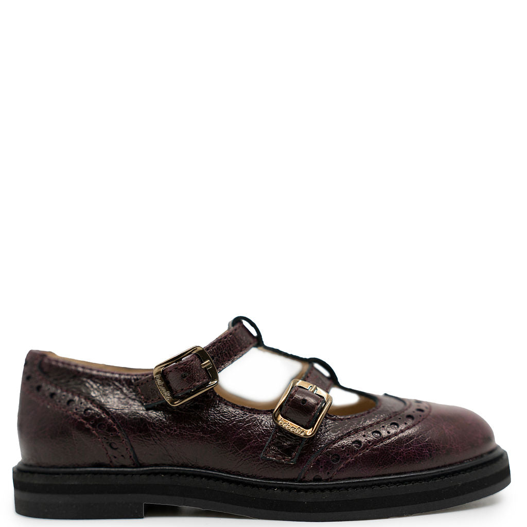 Beberlis Dark Burgundy Double T Strap-Tassel Children Shoes