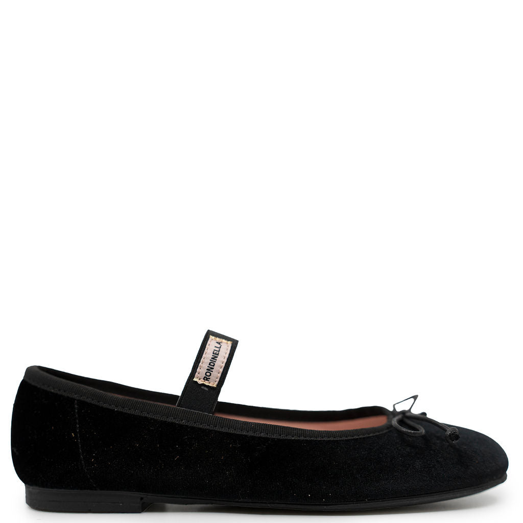 Rondinella Black Velvet Strap Flat-Tassel Children Shoes