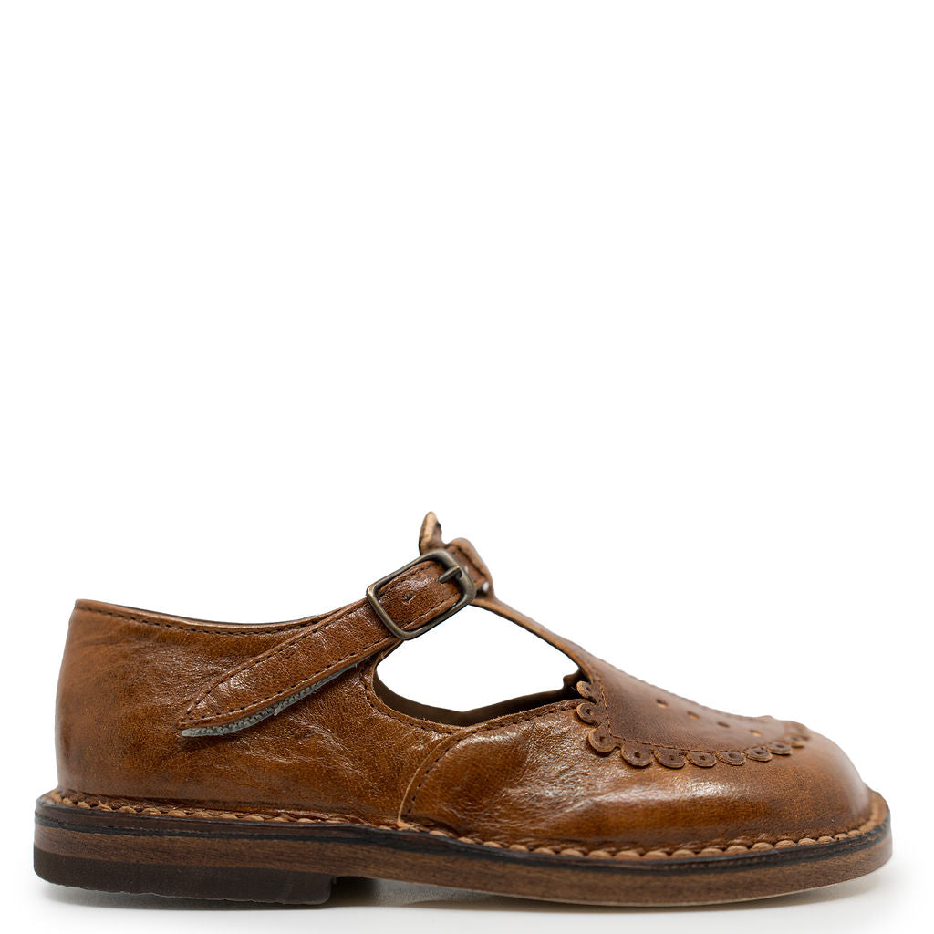 Pepe Chestnut Vintage Scalloped T Strap-Tassel Children Shoes