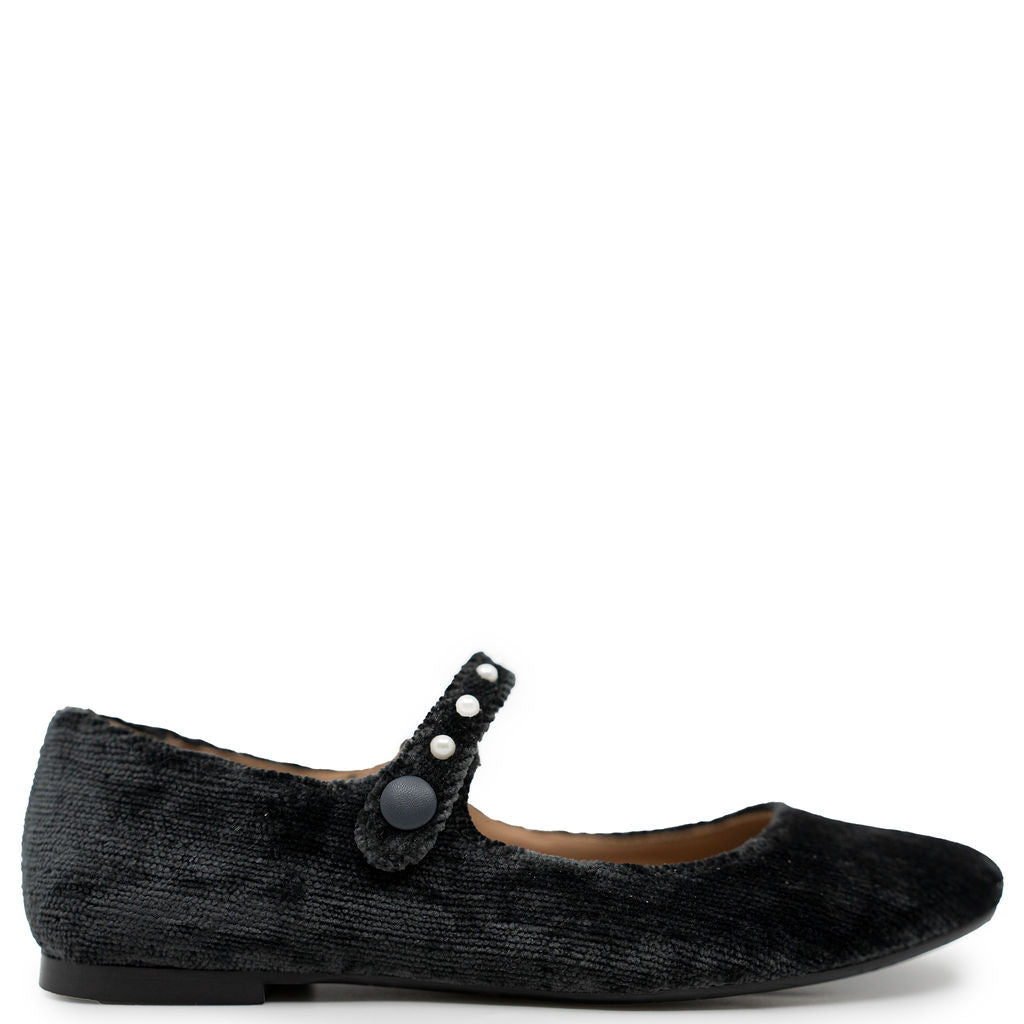 Papanatas Dark Gray Velvet Pearl Mary Jane-Tassel Children Shoes