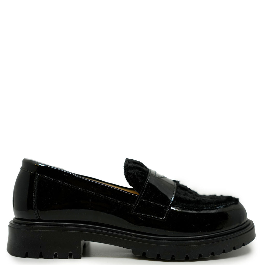Andanines Black Patent Shearling Penny Loafer-Tassel Children Shoes