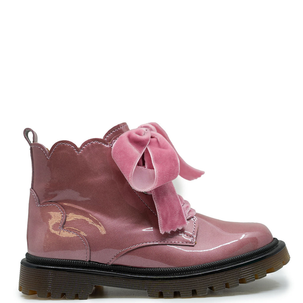 Papanatas Pink Patent Scalloped Velvet Lace Bootie-Tassel Children Shoes