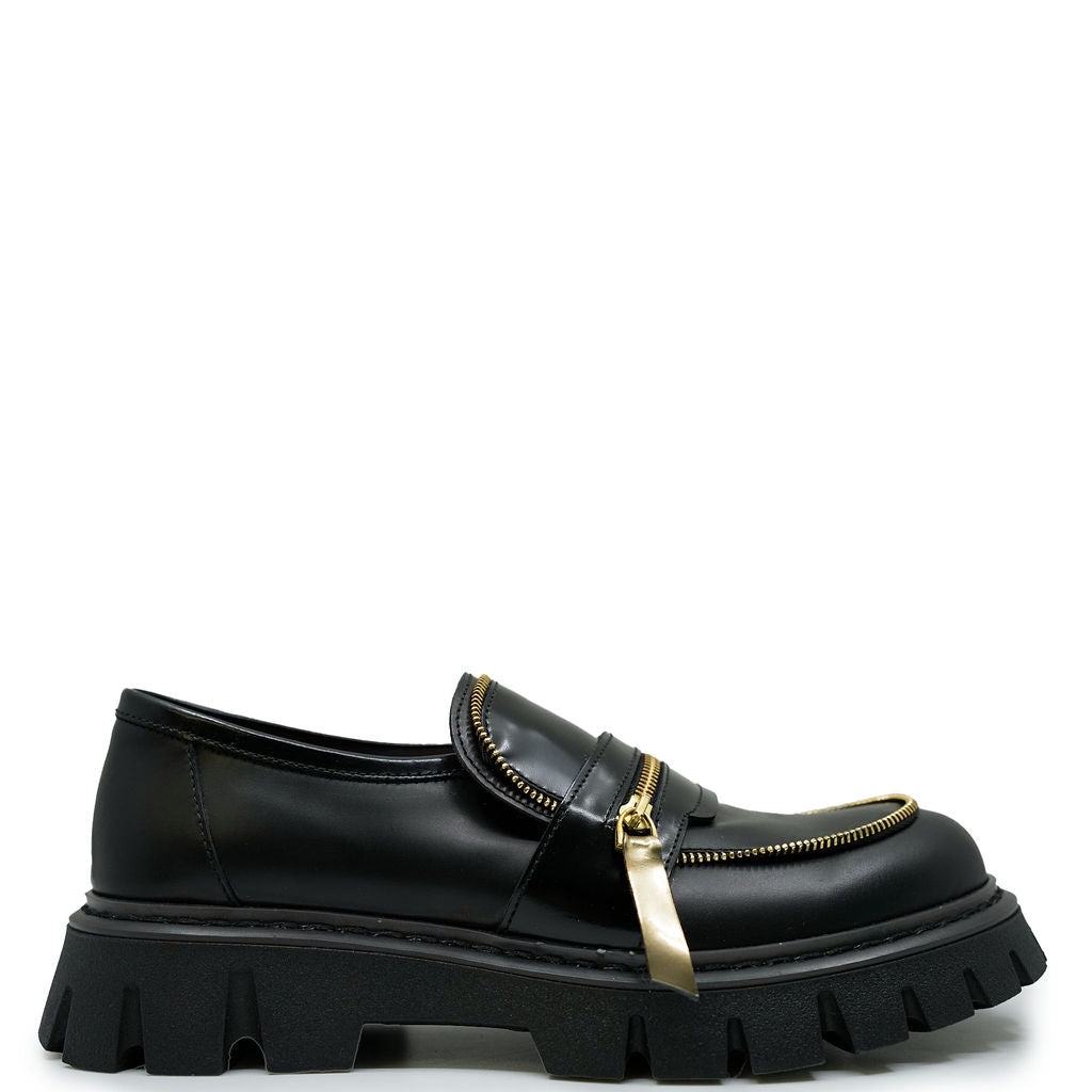 Rondinella Black and Gold Zipper Chunky Loafer-Tassel Children Shoes