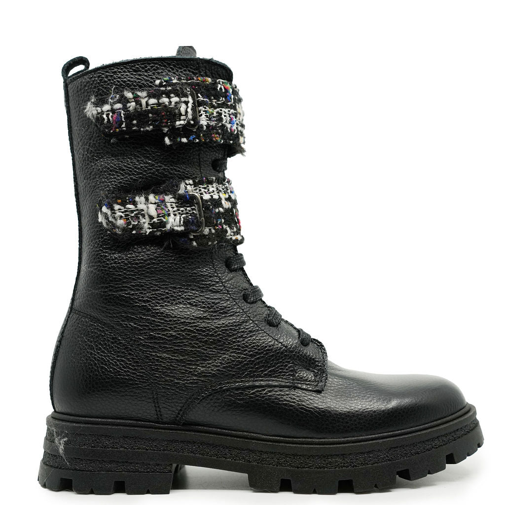 Blublonc Black Leather Tweed Velcro Boot-Tassel Children Shoes