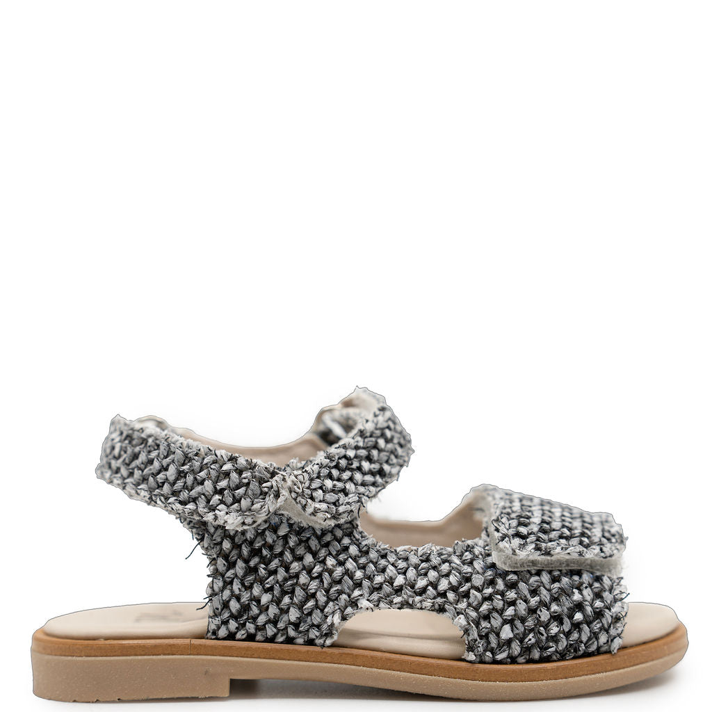 Manuela Black Rafia Velcro Sandal-Tassel Children Shoes