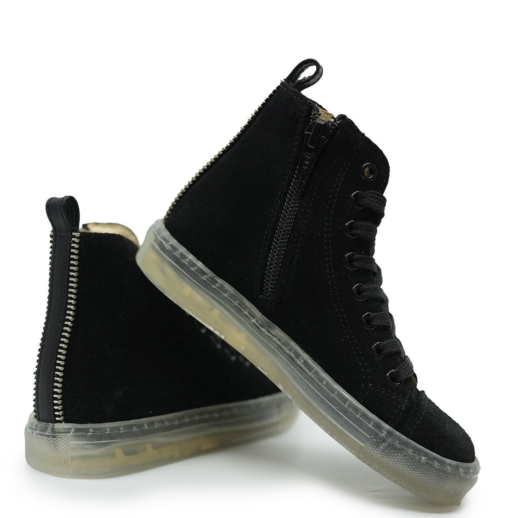 Blublonc Black Suede Clear Sole Zipper Hi Top Sneaker-Tassel Children Shoes