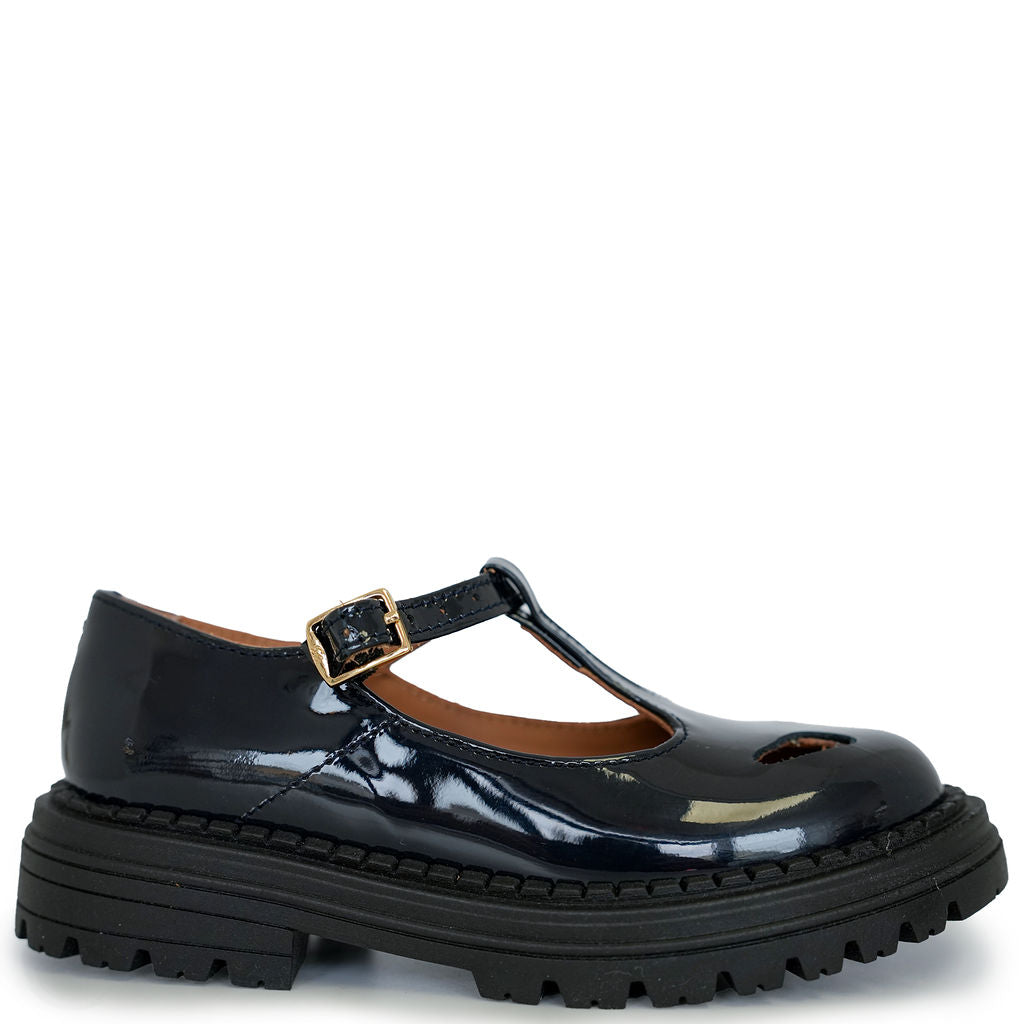 Papanatas Navy Patent T Strap-Tassel Children Shoes