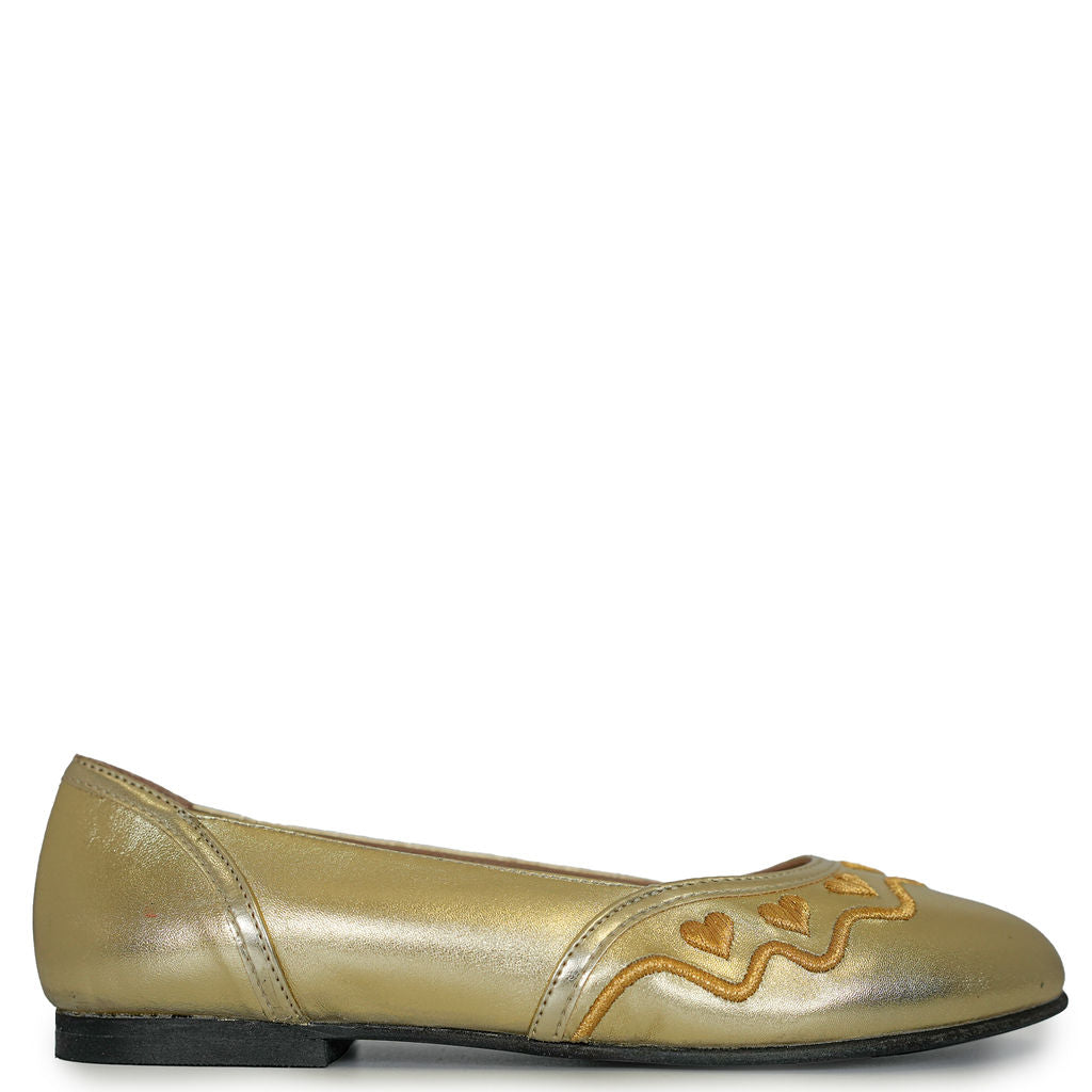 Spain+Co Gold Heart Embroidered Flat-Tassel Children Shoes