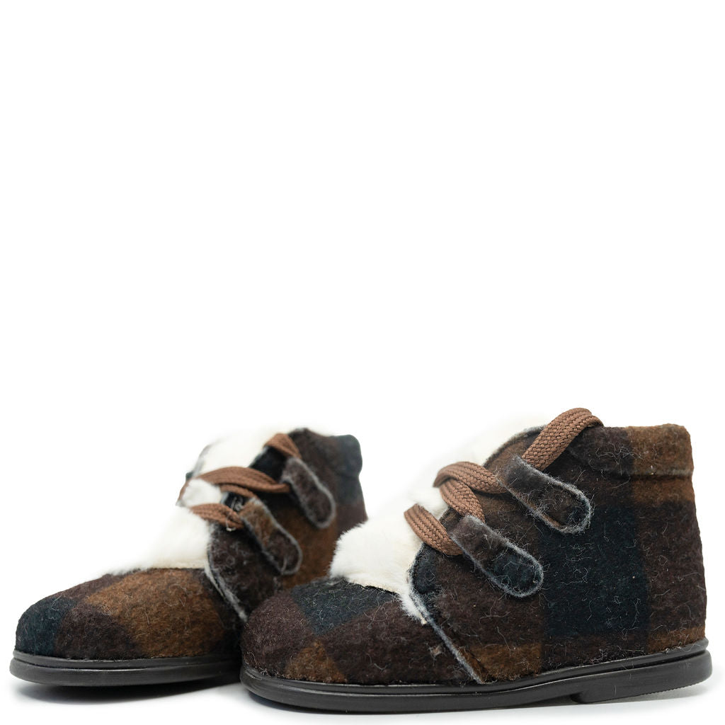 Papanatas Brown Plaid and Fur Baby Bootie-Tassel Children Shoes