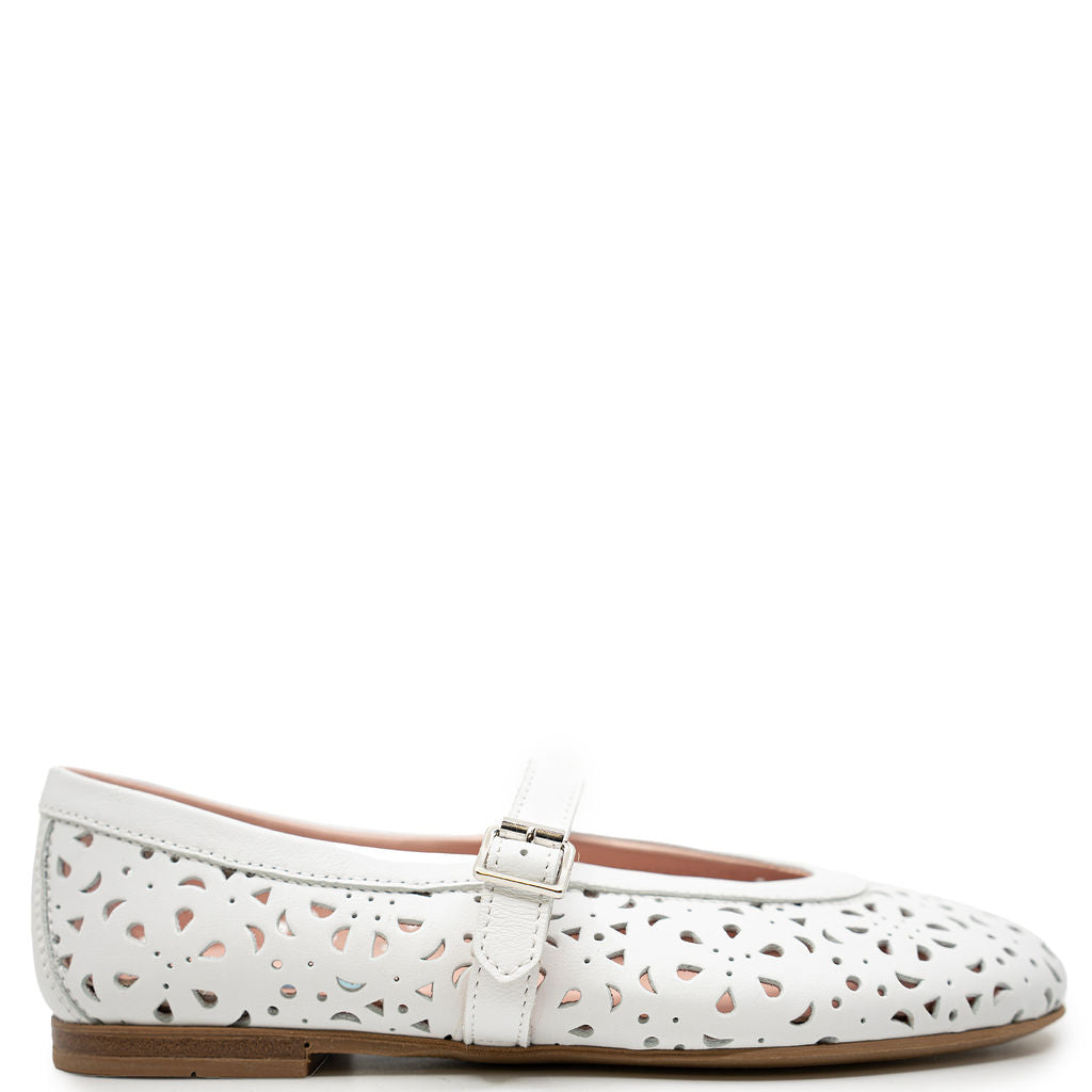 Rondinella White Laser Cut Strap Flat-Tassel Children Shoes