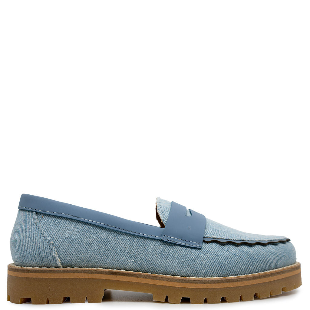 Porte Light Denim Scalloped Chunky Loafer-Tassel Children Shoes