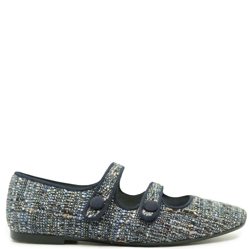 Papanatas Blue Tweed Double Strap Mary Jane-Tassel Children Shoes